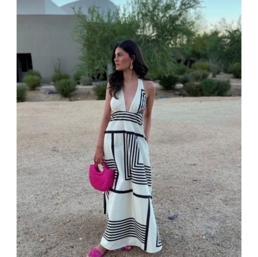 Zara Cotton Dress Halter Black Cream Maxi Size M - Picture 7 of 16
